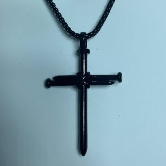 Cross 3 Nail Necklace Religious Statement Piece Pendant Chain w Gift Pouch Black - Picture 9 of 16